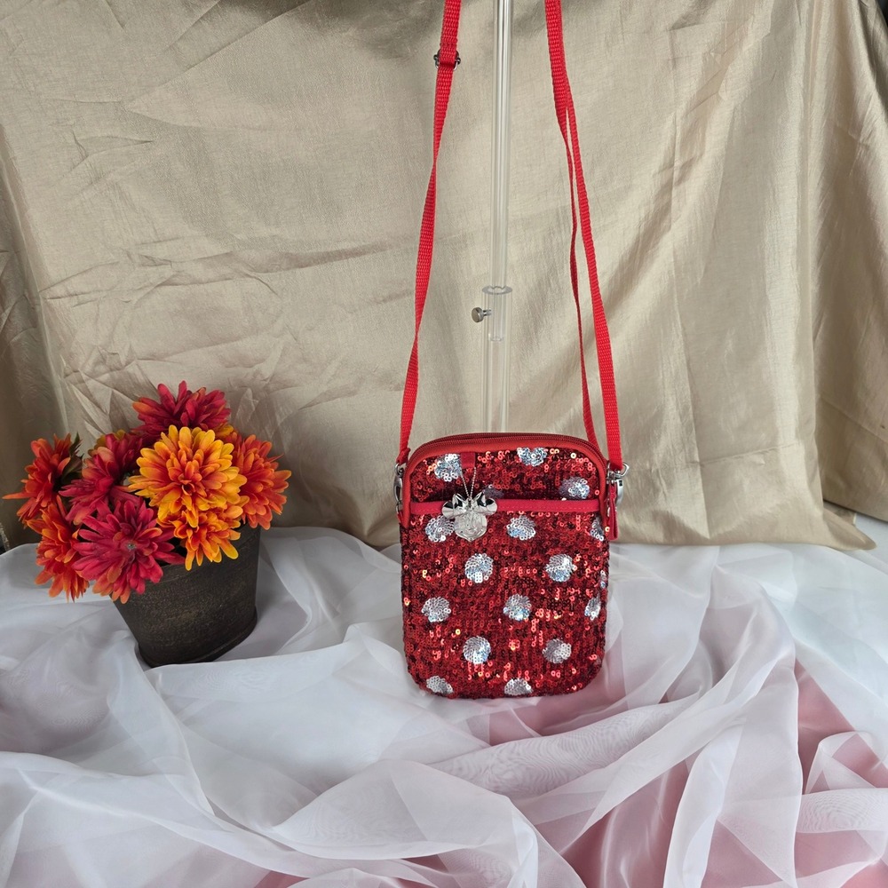 Disney Parks Minnie Mouse Red Silver Sequin‎ Polka Dot Crossbody Bag Bag Small